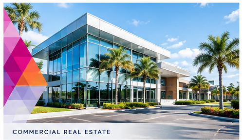 A modern single-storey commercial office building with palm trees and surface parking