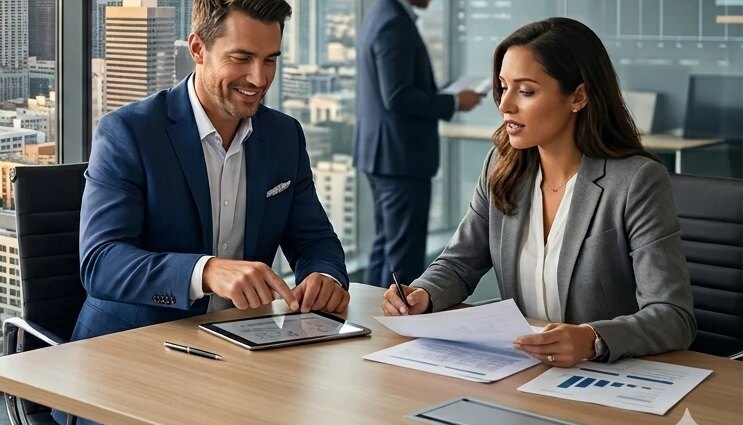 A lending adviser and a client reviewing project figures on a tablet and printed statements in a high-rise office