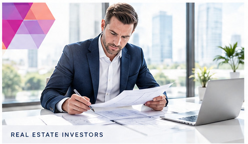 An investor reviewing documents at a desk with a city skyline behind them